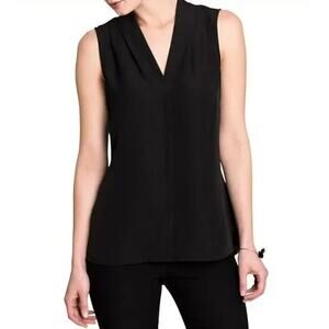 THEORY Hylin Sleeveless Silk Top Black V Neck Pleated Blouse Women's L